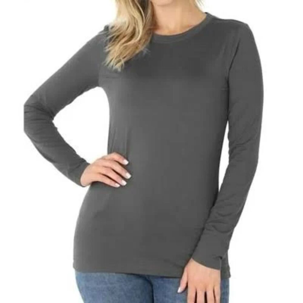 Zenana Brushed Microfiber Simple Long Sleeve Round Neck Tee Medium Capsule